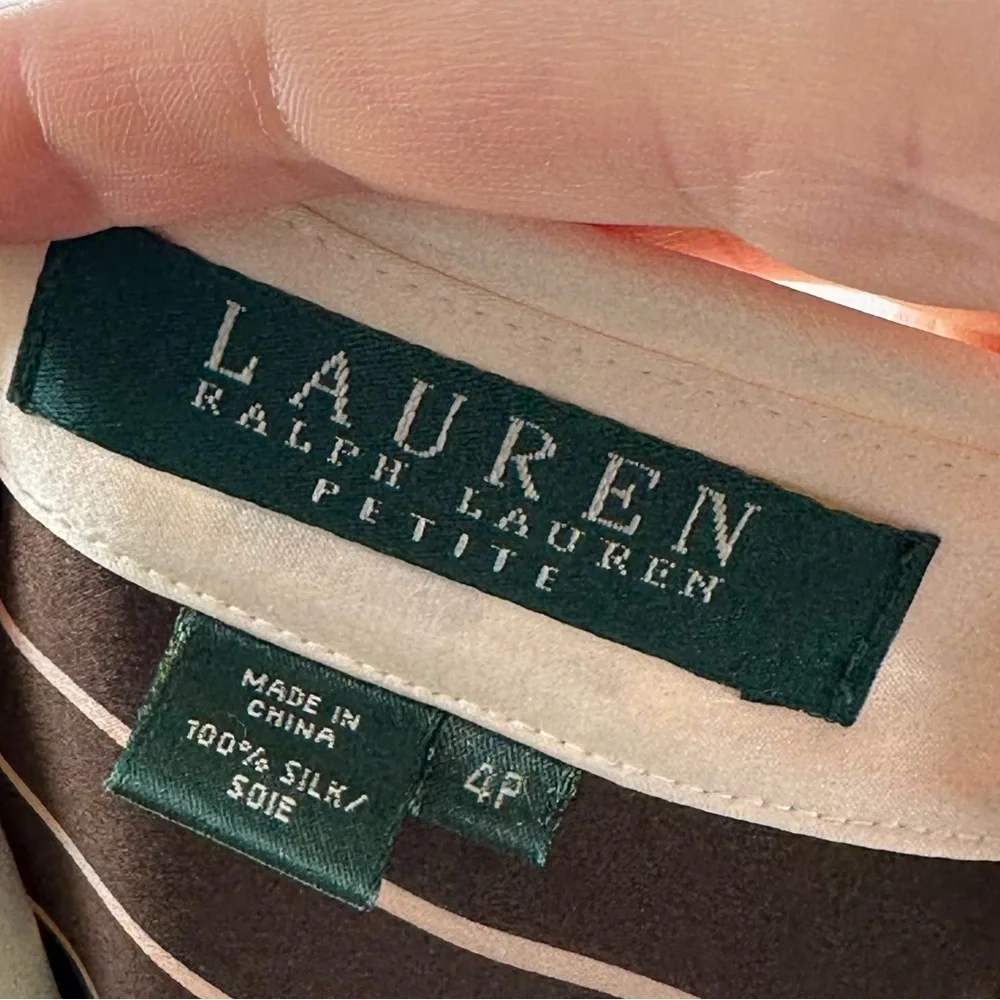 Lauren Ralph Lauren button down top 4P 100% silk brown cream stripes career